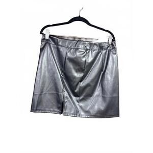 Black Faux Leather Mini Skirt with Front Slit